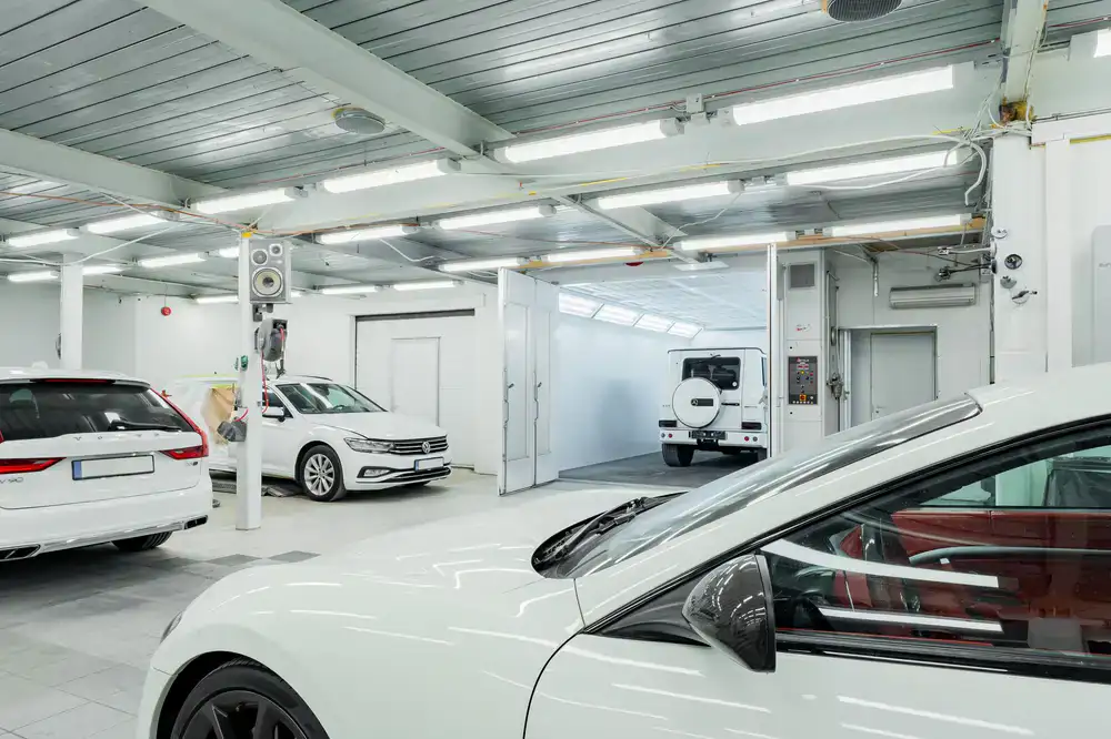 Detailing studio with bright inspection lighting